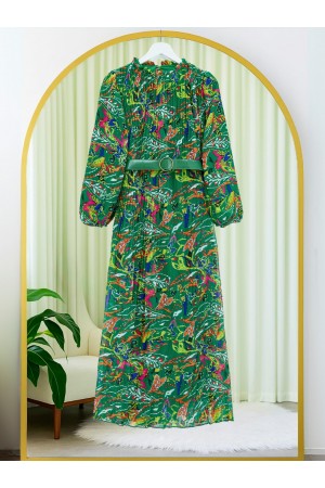 فستان شيفون بحزام أمامي بطيات -زمرد