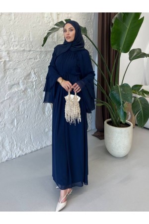 Lace-Up Chiffon Dress with Ruffled Sides and Flounced Sleeves -Navy blue