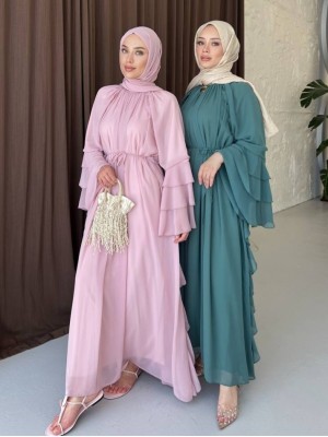 Yanları Fırfırlı Kolu Volanlı Bağcıklı Şifon Elbise -Mint