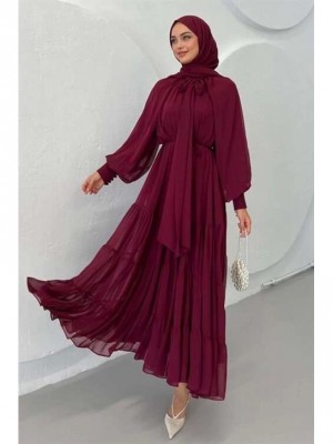 Yakası Fular Detaylı Eteği Parçalı Şifon Elbise -Bordo