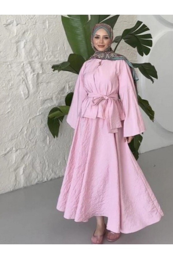 Knitted Suit with Single Button Top and Elastic Skirt -Powder