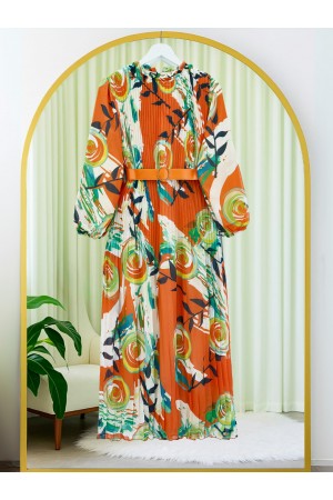 فستان شيفون بحزام أمامي بطيات -البرتقالي
