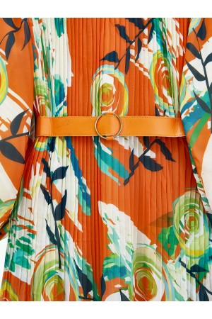 فستان شيفون بحزام أمامي بطيات -البرتقالي