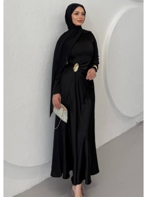 Draped Waist Plain Satin Dress -Black