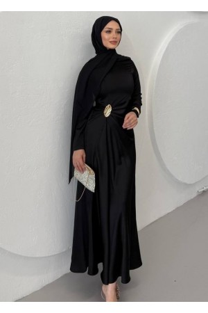 فستان ساتان سادة بخصر منسدل -أسود