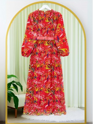 فستان شيفون بحزام أمامي بطيات -لون العقيق