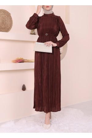 Buckled Belt Pleated Satin Dress -Brown