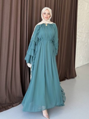 Yanları Fırfırlı Kolu Volanlı Bağcıklı Şifon Elbise -Mint