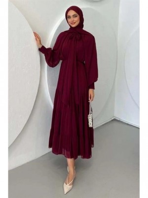 Yakası Fular Detaylı Eteği Parçalı Şifon Elbise -Bordo