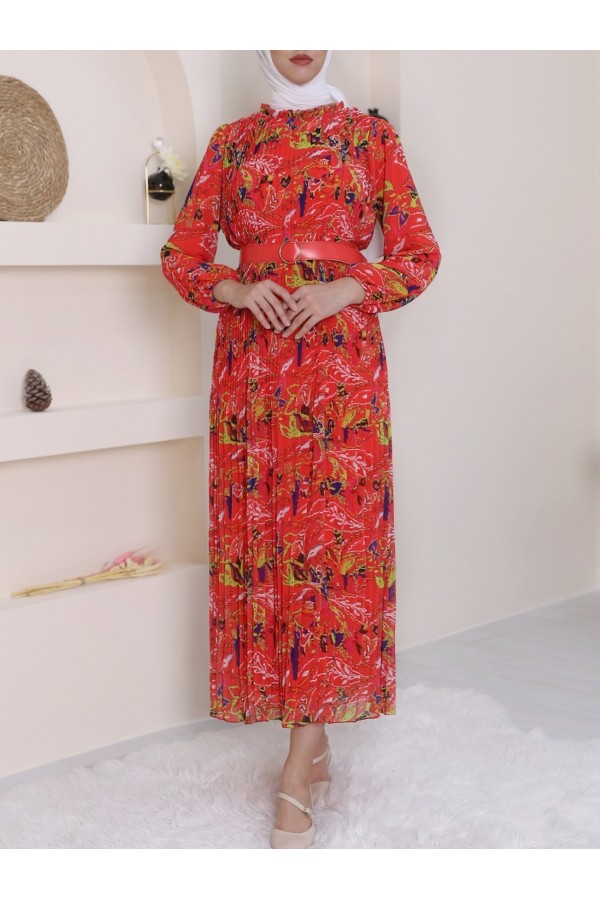 Front Pleated Belt Chiffon Dress -Garnet Color