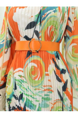 فستان شيفون بحزام أمامي بطيات -البرتقالي