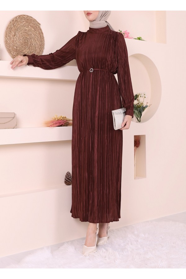 Buckled Belt Pleated Satin Dress -Brown