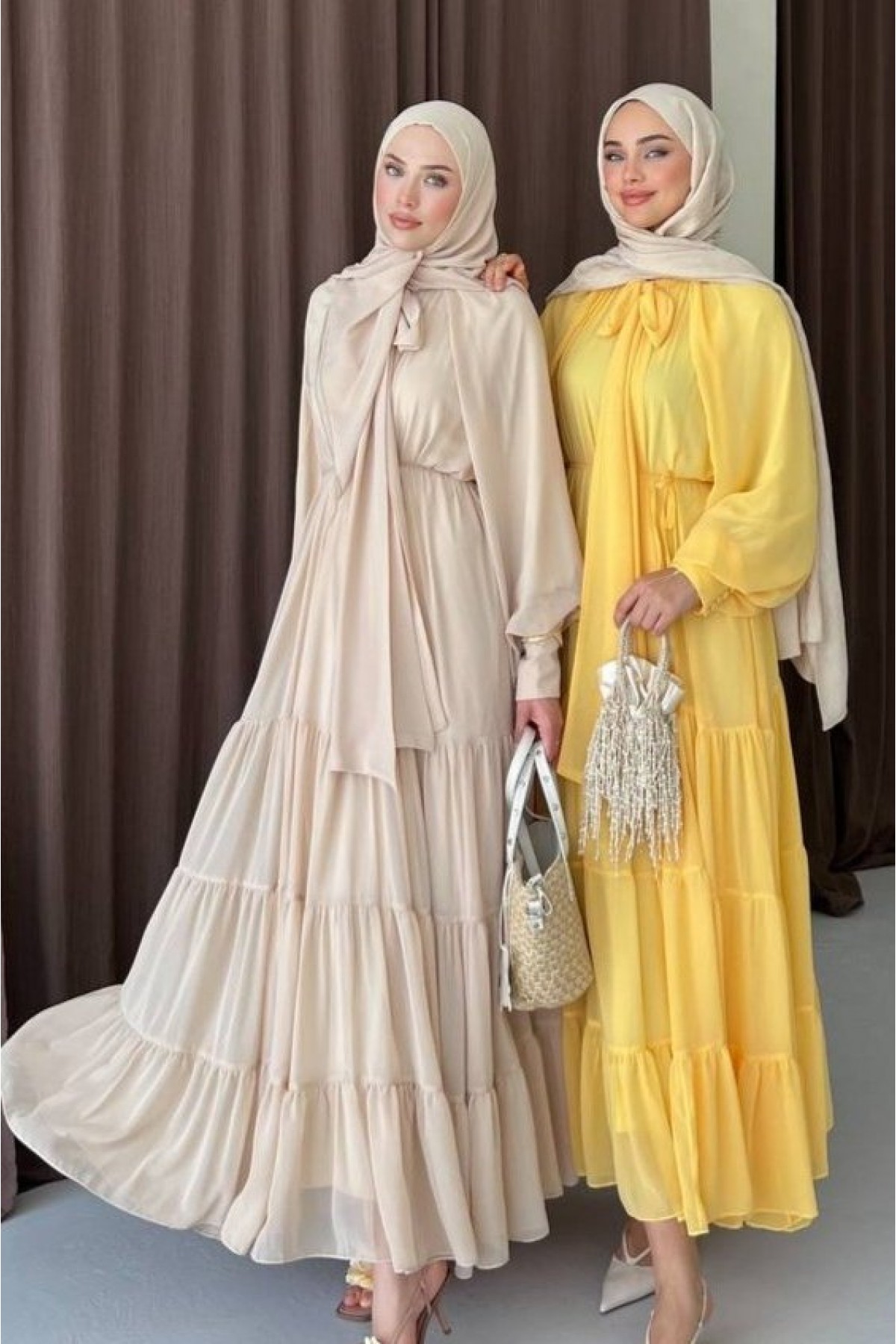 Chiffon Dress with a Scarf Detail on the Collar and a Pieced Skirt -Yellow