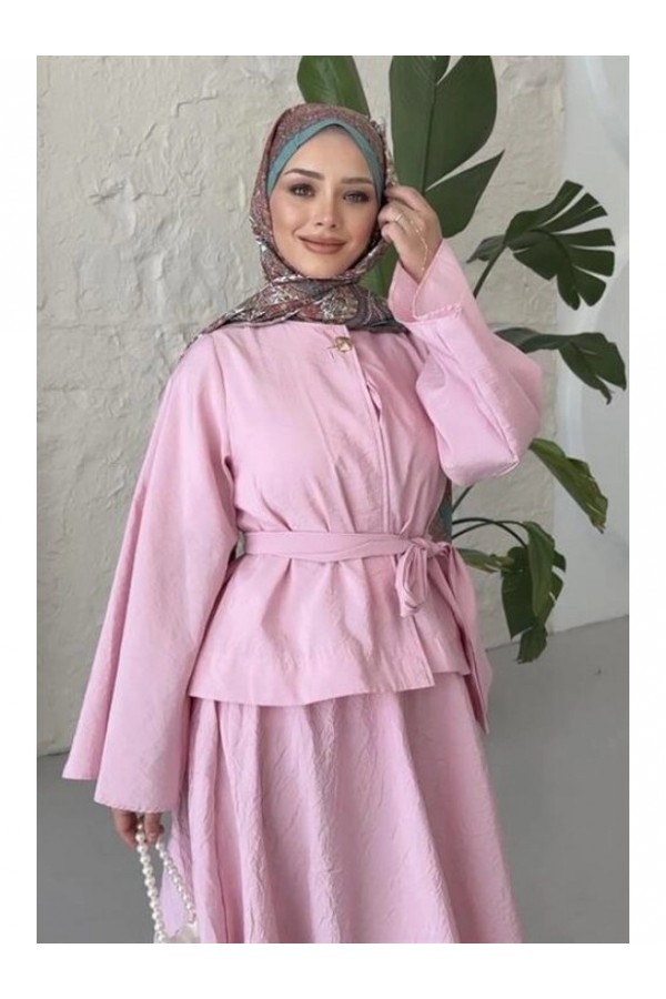 Knitted Suit with Single Button Top and Elastic Skirt -Powder