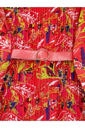 Front Pleated Belt Chiffon Dress -Garnet Color