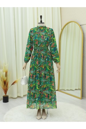 Front Pleated Belt Chiffon Dress -Emerald