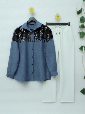 Robadan Pul Payet Tunik -İndigo