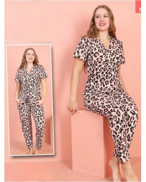 Buttoned Patterned Milan Fabric Short Sleeve Pajama Set -Powder