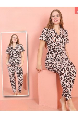 Düğmeli Desenli Milan Kumaş Kısa Kollu Pijama Takımı -Pudra