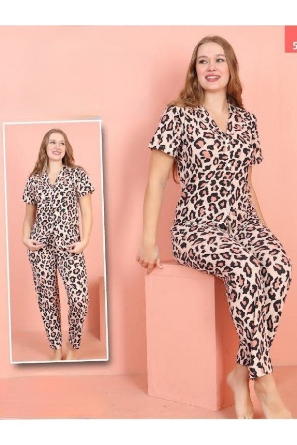 Düğmeli Desenli Milan Kumaş Kısa Kollu Pijama Takımı -Pudra