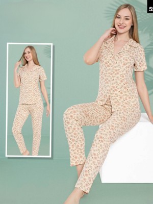 Gül Desenli Düğmeli Pijama Takımı -Somon