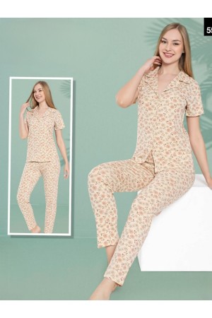 Gül Desenli Düğmeli Pijama Takımı -Somon