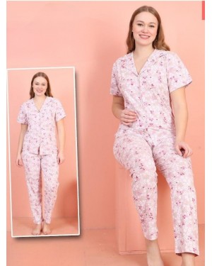 V Neck Short Sleeve Floral Patterned Pajama Set -Lilac