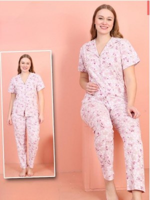 V Yaka Kısa Kollu Çiçek Desenli Pijama Takımı -Lila