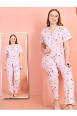 V Yaka Kısa Kollu Çiçek Desenli Pijama Takımı -Lila
