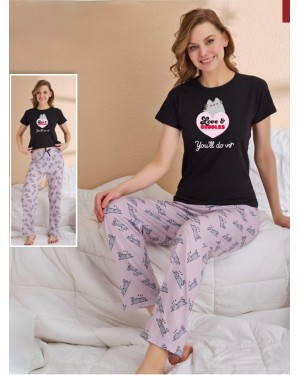 Cat Patterned Short Sleeve Pajama Set -Lilac