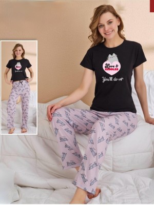 Kedi Desenli Kısa Kollu Pijama Takımı -Lila