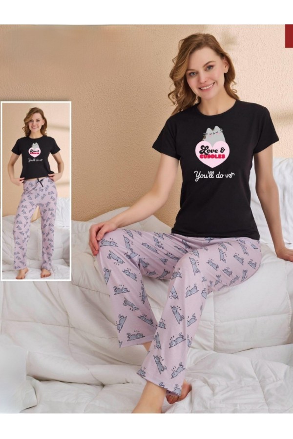 Kedi Desenli Kısa Kollu Pijama Takımı -Lila