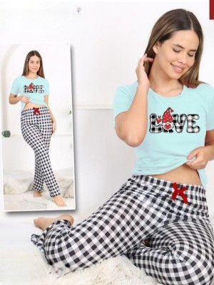 Altı Ekoseli Yazı Desenli Kısa Kollu Pijama Takımı  -Su Yeşili