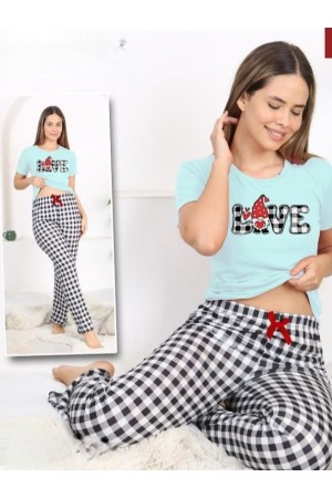 Altı Ekoseli Yazı Desenli Kısa Kollu Pijama Takımı  -Su Yeşili