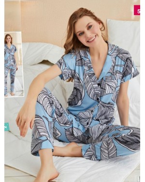 Large Leaf Patterned Buttoned Viscose Pajama Set -Baby Blue