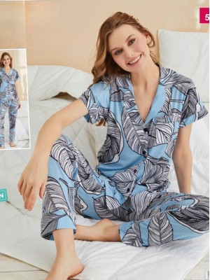 Büyük Yaprak Desenli Düğmeli Viskon Pijama Takımı -Bebe Mavi