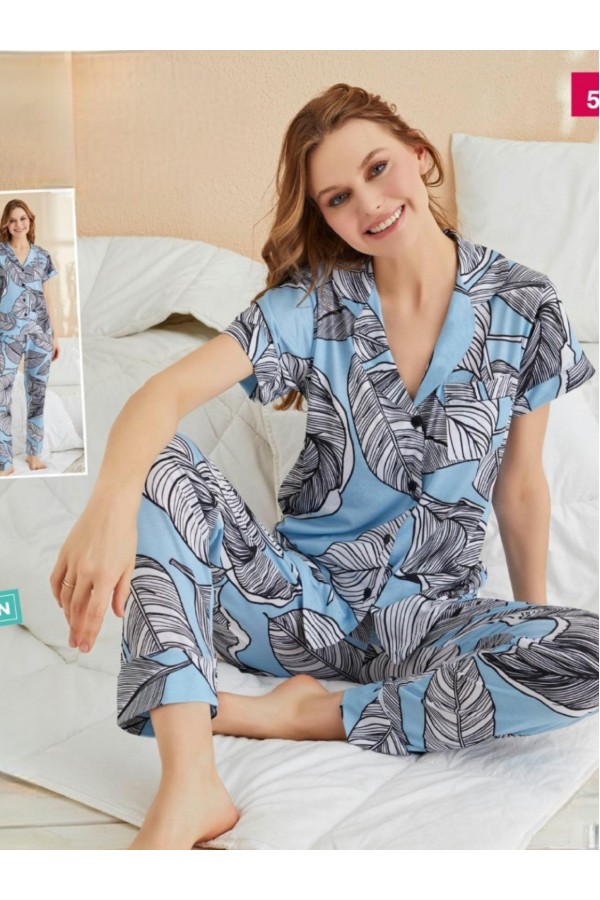 Büyük Yaprak Desenli Düğmeli Viskon Pijama Takımı -Bebe Mavi