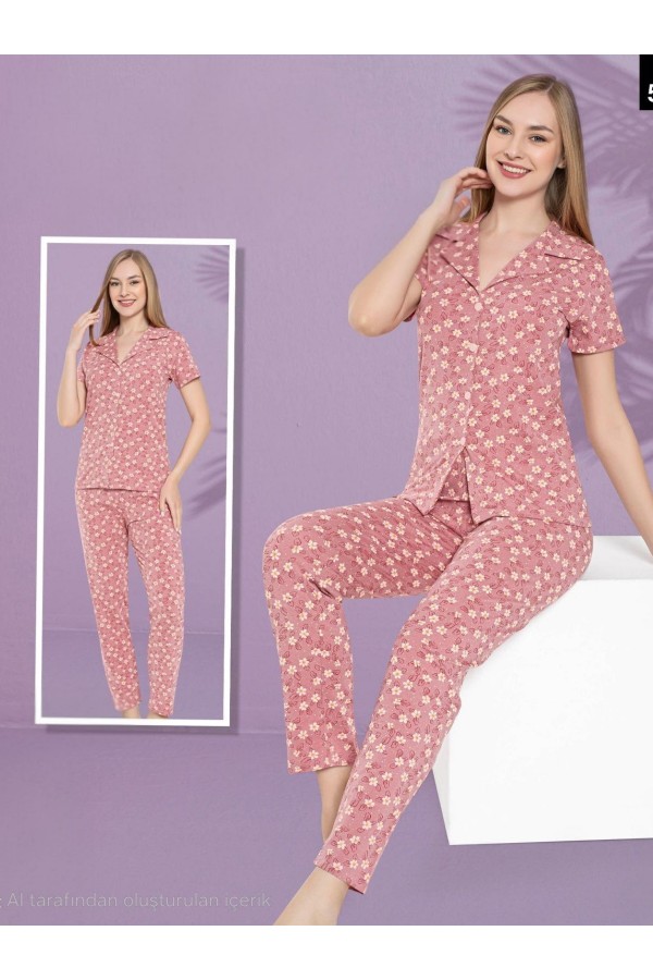 Papatya Desenli Düğmeli Kısa Kollu Pijama Takımı -G.Kurusu