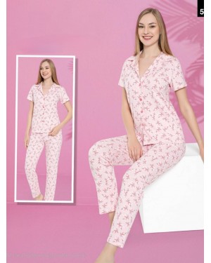 V Neck Buttoned Floral Patterned Short Sleeve Pajama Set -Powder