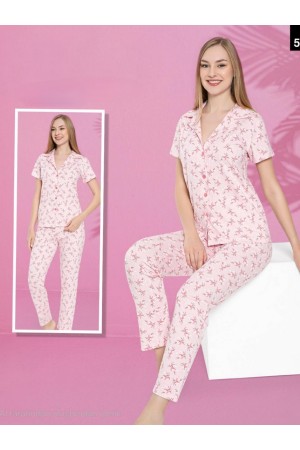 V Neck Buttoned Floral Patterned Short Sleeve Pajama Set -Powder