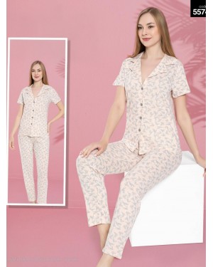 Buttoned Floral V Neck Cotton Short Sleeve Pajama Set -Puppies mouth