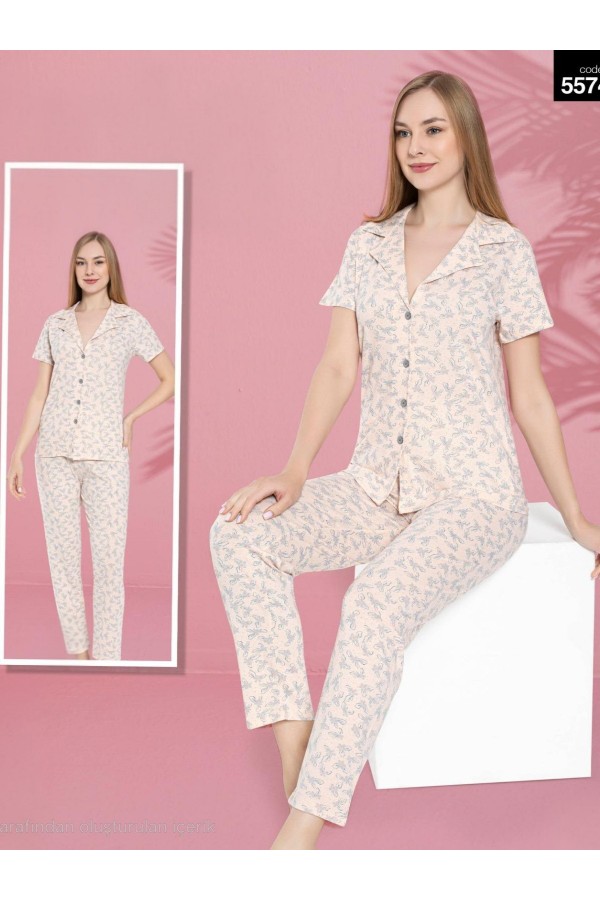 Düğmeli Çiçekli V Yaka Pamuklu Kısa Kollu Pijama Takımı -Yavruağzı