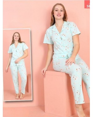 Daisy Pattern Buttoned Short Sleeve Pajama Set -Sea green