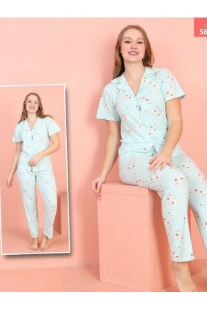 Daisy Pattern Buttoned Short Sleeve Pajama Set -Sea green