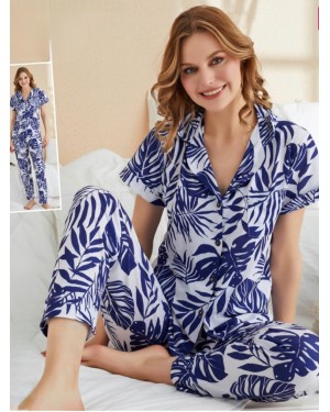 Buttoned Palm Pattern Viscose Pajama Set -İndigo