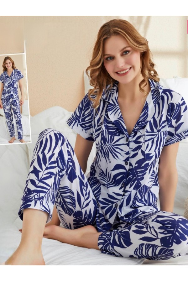 Düğmeli Palmiye Desen Viskon Pijama Takımı -İndigo