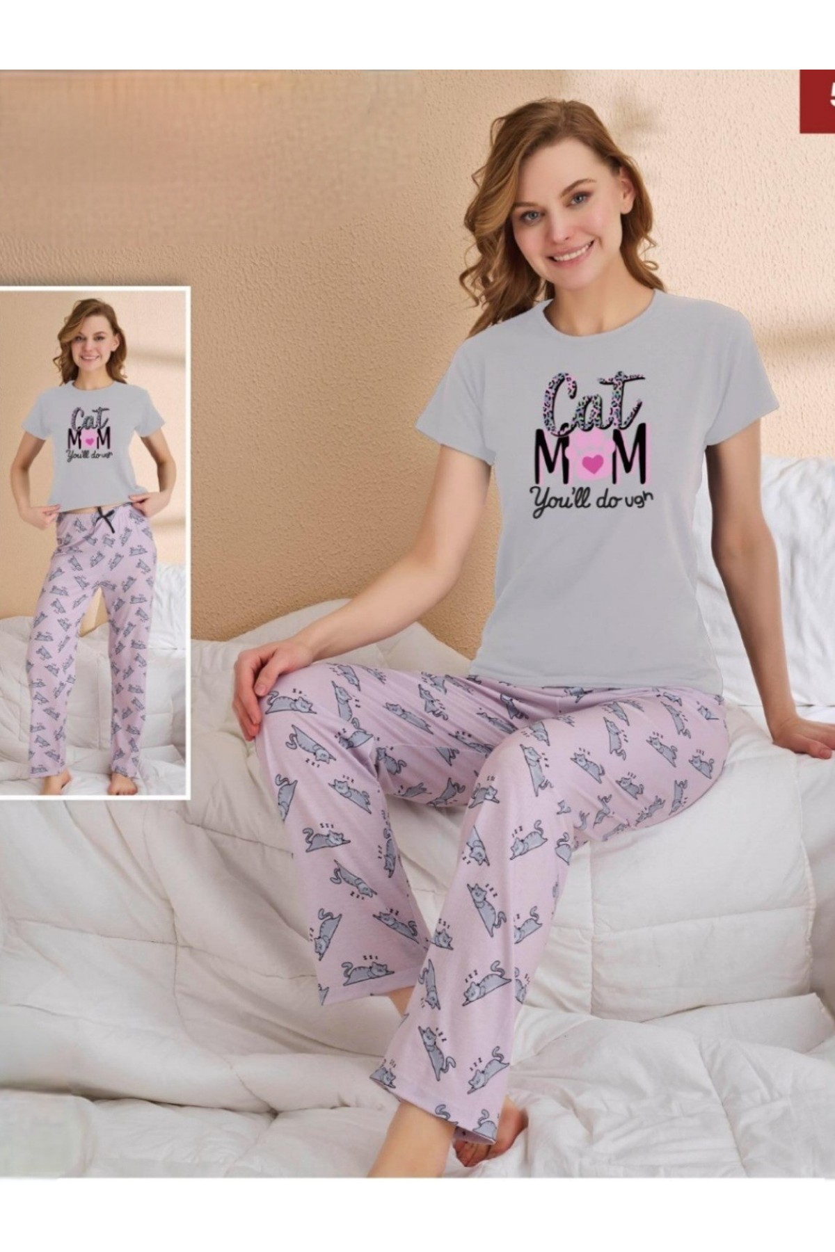 Short Sleeve Pajama Set with Cat Pattern and Script -Grey