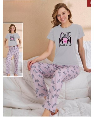 Short Sleeve Pajama Set with Cat Pattern and Script -Grey