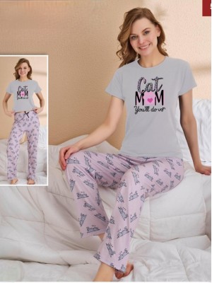 Altı Kedi Desenli Yazılı Kısa Kollu Pijama Takımı  -Gri