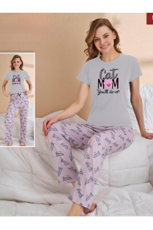 Altı Kedi Desenli Yazılı Kısa Kollu Pijama Takımı  -Gri